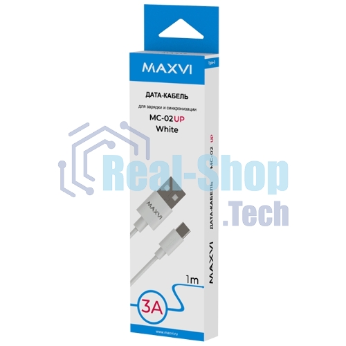 Кабель Maxvi MC-02 UP white USB-A - Type-C, 3A ток макс. нагрузки 3А, макс. напряжение 5V, длина кабеля 1м, материал PVC, белый