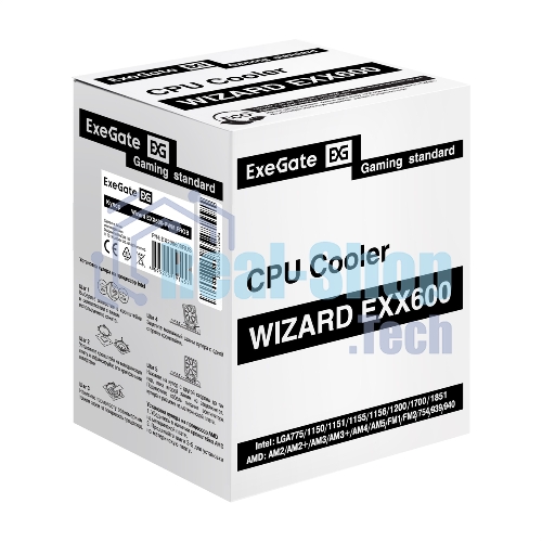 Кулер ExeGate Wizard EXX600-PWM.FRGb (Al+Cu, 6 тепл.трубки, LGA775/1150/1151/1155/1156/1200/1700/1851/AM2/AM2+/AM3/AM3+/AM4/AM5/FM1/FM2/754/939/940, TDP 180W, Fan 120мм PWM, 800-2400RPM, Hydro bearing, 4pin, 11-24db, 540г, FRGb подсветка, с термопастой, на защелках, Color Box)