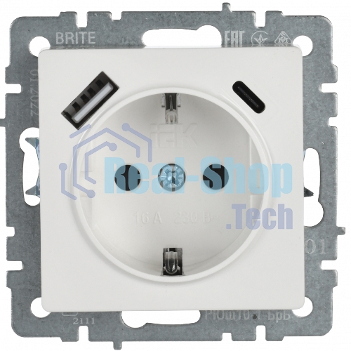 Розетка 1-местная IEK BRITE РЮш11-1-БрБ (BR-R14-16-U22-018-K01) с заземлением, с защитными шторками, 16А, с USB A+C 18 Вт, белый