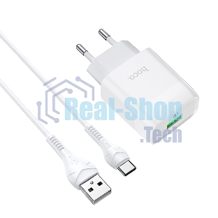 Зарядное устройство Hoco 18Вт, 3А, QC3.0, 1xUSB + кабель USB/Type-C, C72Q, белый, блистер