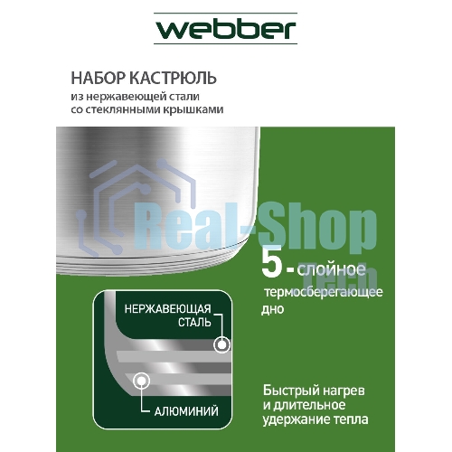 Набор посуды WEBBER BE-615/6 из нерж.стали 6 пр. 2,9 л, 5,1 л, 6,6 л со стеклянными крышками В наборе 6 предметов: кастрюля со стеклянной крышкой 18х11,5 см; 2,9 л кастрюля со стеклянной крышкой 22х13,5 см; 5,1 л кастрюля со стеклянной крышкой 24х14,5 см; 6,6 л Толщина стали 0,5 мм