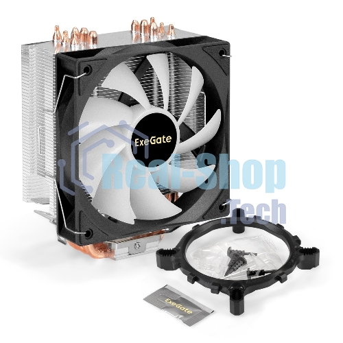 Кулер ExeGate Wizard EXX600-PWM.FRGb (Al+Cu, 6 тепл.трубки, LGA775/1150/1151/1155/1156/1200/1700/1851/AM2/AM2+/AM3/AM3+/AM4/AM5/FM1/FM2/754/939/940, TDP 180W, Fan 120мм PWM, 800-2400RPM, Hydro bearing, 4pin, 11-24db, 540г, FRGb подсветка, с термопастой, на защелках, Color Box)