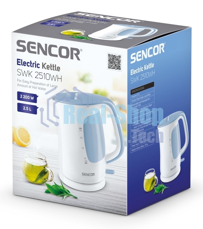 Электрочайник Sencor SWK 2510WH белый, 2.5 л, 2200 Вт, скрытый нагревательный элемент
