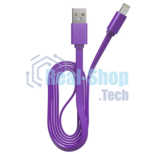 Кабель Maxvi MC-03F purple USB-A - Lightning, 2A Плоский кабель, ток макс. нагрузки 2А, макс. напряжение 5V; стандарт USB 2.0; длина 1м, материал PVC, фиолетовый