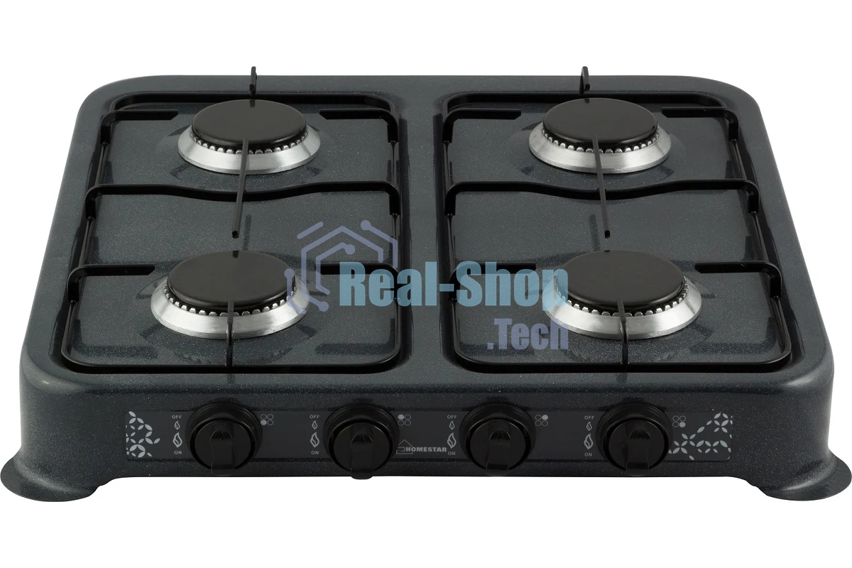 Плита настольная газовая Homestar HS-1204 черный, 12.8 кВт, газовые горелки, конфорки - 4, эмаль, поворотные переключатели