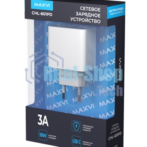 Сетевое зарядное устройство Maxvi CHL-601PD 18W, 3A, QC 3.0, PD 3.0, 1xUSB-C, белый