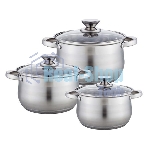 Набор посуды WEBBER BE-615/6 из нерж.стали 6 пр. 2,9 л, 5,1 л, 6,6 л со стеклянными крышками В наборе 6 предметов: кастрюля со стеклянной крышкой 18х11,5 см; 2,9 л кастрюля со стеклянной крышкой 22х13,5 см; 5,1 л кастрюля со стеклянной крышкой 24х14,5 см; 6,6 л Толщина стали 0,5 мм