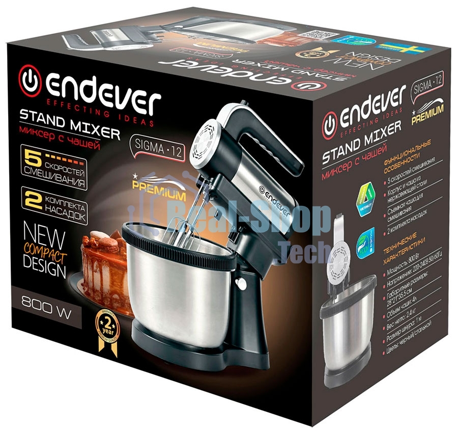 Миксер Endever Sigma-12 c чашей, черный/стальной, 800 Вт, 2 вида насадок, 5 скоростей