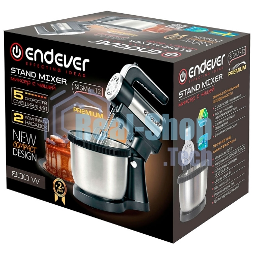Миксер Endever Sigma-12 c чашей, черный/стальной, 800 Вт, 2 вида насадок, 5 скоростей