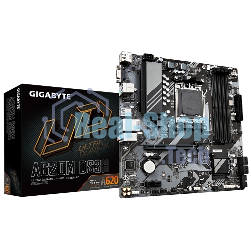 Материнская плата Gigabyte A620M DS3H, mATX, AM5, AMD A620, 4xDDR5, 4xSATA, 1xM.2, 1xPCI-E 4.0 x16, 1xPCI-E x1, 1xHDMI, 1xDP, 1xVGA, 1x 1Gb LAN, 1xUSB 3.2 Gen 1, 4xUSB 2.0, 3x3.5мм, 7.1, ATX