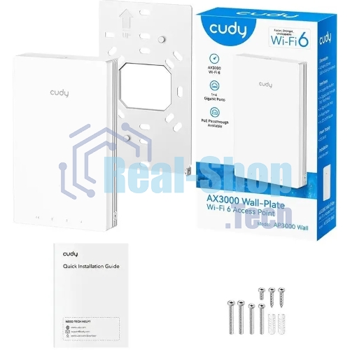 Точка доступа Wi-Fi Cudy AX3000 Gigabit Wall-Plate Wi-Fi 6 Access Point AX3000 Dual Band Wi-Fi 6 Wall Plate Access Point, Chipset MT7981+MT7531AE+MT7976CN, 802.11ax/ac/a/b/g/n, 2402Mbps at 5GHz + 574Mbps at 2.4GHz, 1 x Gigabit PoE-IN Port, 802.3af/at, 4 x Gigabit RJ45 ports, LAN1 support PoE Out, Cudy Mesh Support