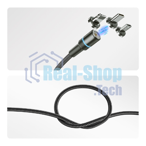 Кабель USB Rexant 3в1 со съемными магнитными портами, Type-С (2A), Lightning (2,4A), Micro USB (2A), 1,2м, в черной оплетке, с LED подсветкой