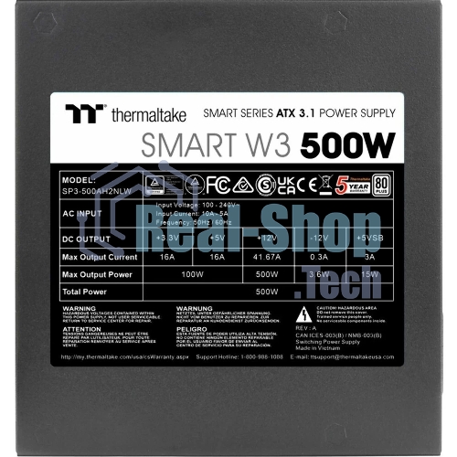 Блок питания Thermaltake Smart RGb 500W (PS-SPW-0500NNFAWE-1), 500Вт, 80 PLUS, 120мм, черный