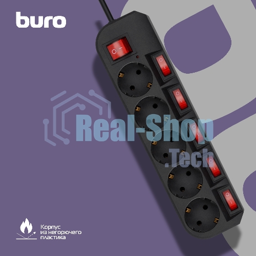 Сетевой фильтр Buro 500SH-1.8-SW-B 1.8 м, 5 розеток, черный, коробка