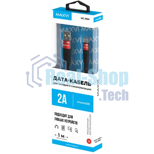 Кабель Maxvi MC-05M red USB-A - microUSB, 2A ток макс. нагрузки 2А, макс. напряжение 5V; стандарт USB 2.0; длина 1м, оплетка TPU, металлические корпуса разъемов, цвет красный