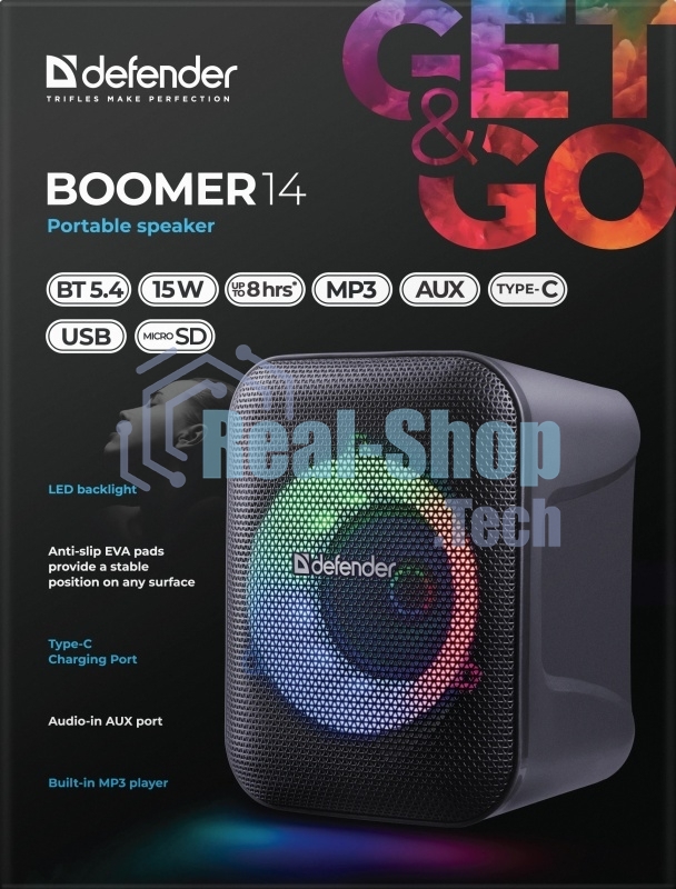 Колонка портативная DEFENDER Boomer 14 (Бумер 14) черный (15Вт, USB, Bluetooth, питание от аккумулятора) (65114)