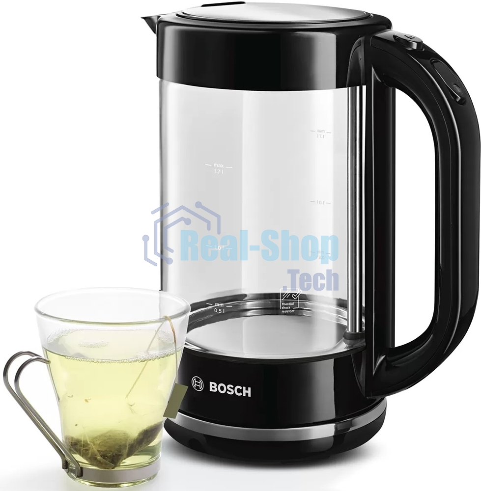 Электрочайник Bosch TWK70B03 черный, 1.7 л, 2400 Вт, скрытый нагревательный элемент