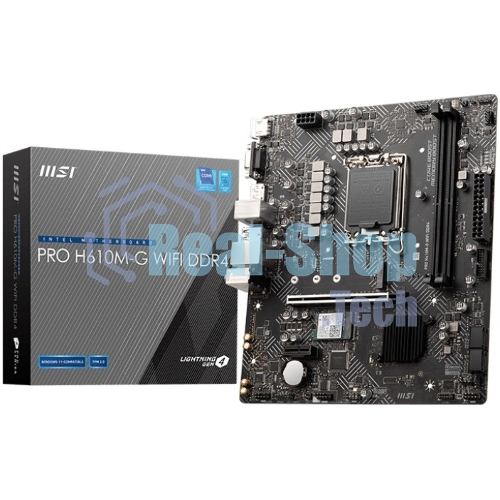 Материнская плата MSI PRO H610M-G WIFI DDR4, Socket LGA 1700, Intel H610, 2xDDR4, 4xSATA, 1xM.2, 1xPCIe 4.0 x16, 1xPCIe 3.0 x1, 1xHDMI, 1xDP, 1xVGA, 1x 1Gb LAN, 4xUSB-A 2.0, 2xUSB-A 5Gbps, 3x3.5 мм, 7.1, mATX