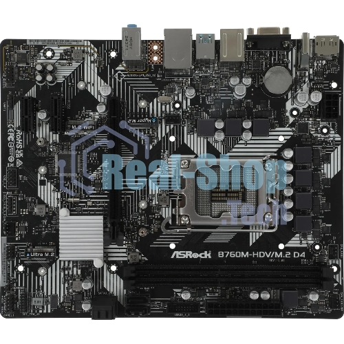 Материнская плата ASRock B760M-HDV/M.2 D4, LGA 1700, Intel B760, 2xDDR4, 4xSATA, 2xM.2, 1xPCIe 4.0 x16, 2xPCIe x1, 1xDP, 1xHDMI, 1xVGA, 1x 1Gb LAN, 2xUSB-A 3.2 Gen 1, 3xUSB 2.0, 3x3.5 мм, 7.1, mATX