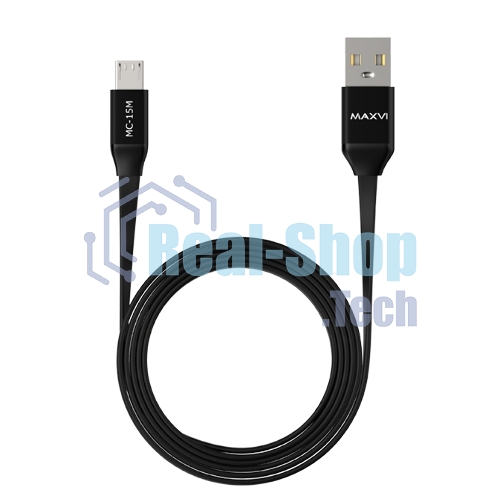 Кабель Maxvi MC-15M black, USB-A - microUSB, 2A ток макс. нагрузки 2А, макс. напряжение 5V; стандарт USB 2.0; плоский кабель, длина 1м, оплетка TPE, металлические корпуса разъемов, цвет черный