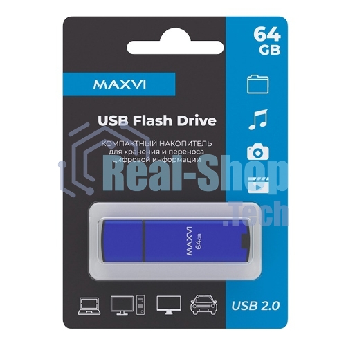Флешка USB R/W Maxvi MP2 64Gb USB 2.0 blue, монолит с колпачком, ABS пластик + металл