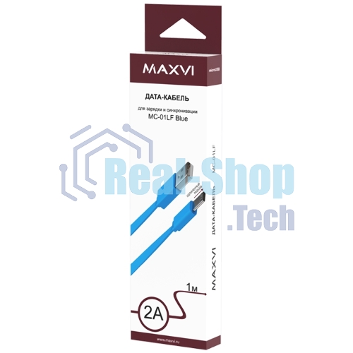 Кабель Maxvi MC-01LF blue USB-A - microUSB, 2A Плоский кабель, ток макс. нагрузки 2А, макс. напряжение 5V; стандарт USB 2.0; длина разъема microUSB 10 мм, длина 1м, материал PVC, синий