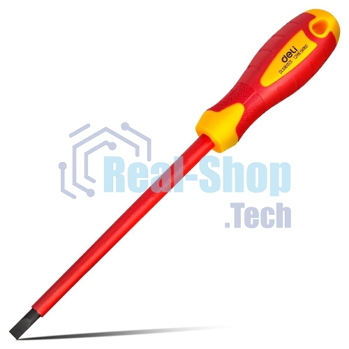 Диэлектрическая шлицевая отвертка Deli DL5161501 6,5х150 мм сталь Cr-V, сертификат VDE для работ под напряжением до 1000 В.