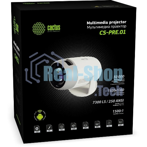Проектор Cactus CS-PRE.01WT.Full HD-A LCD 7300Lm LS 250Lm ANSI (1920x1080) 1500:1 ресурс лампы:50000часов 1xUSB typeA 1xHDMI 1кг