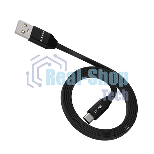 Кабель Maxvi MC-15T black, USB-A - Type-C, 2A ток макс. нагрузки 2А, макс. напряжение 5V; стандарт USB 2.0; плоский кабель, длина 1м, оплетка TPE, металлические корпуса разъемов, цвет черный