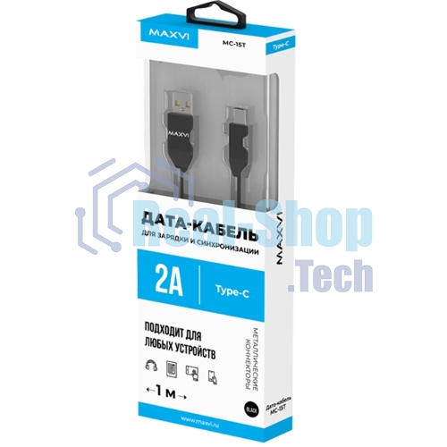 Кабель Maxvi MC-15T black, USB-A - Type-C, 2A ток макс. нагрузки 2А, макс. напряжение 5V; стандарт USB 2.0; плоский кабель, длина 1м, оплетка TPE, металлические корпуса разъемов, цвет черный