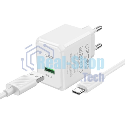 Зарядное устройство Hoco 18Вт, 3А, QC3.0, 1xUSB + кабель USB/Type-C, CS12A, белый, блистер
