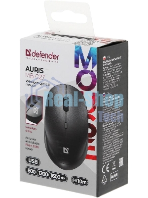 Мышь беспроводная Defender Auris MB-027 черный, 1600 dpi, радиоканал, USB, кнопки - 4