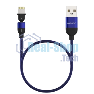 Кабель Maxvi MC-19L blue, USB-A - Lightning, 2.4A, LED ток макс. нагрузки 2.4А, макс. напряжение 5V; стандарт USB 2.0; длина кабеля 1.5м, нейлоновая оплетка, металлические корпуса разъемов,LED подсветка, цвет: синий