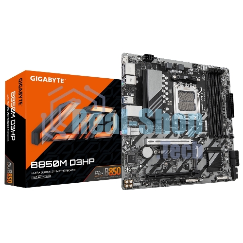 Материнская плата Gigabyte B850M D3HP, AM5, AMD B850, 4xDDR5, 4xSATA, 2xM.2, 1xPCIe 5.0 x16, 1xPCIe 3.0 x4, 1xHDMI, 2xDP, 1x 1Gb LAN, 3xUSB-A 3.2 Gen 1, 2xUSB-A 2.0, 1xUSB-C 3.2 Gen 1, 3x3.5 мм, 7.1, mATX