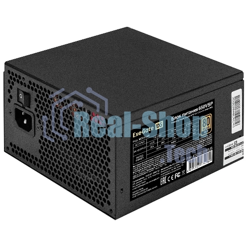 Блок питания 650W ExeGate 80 PLUS® GOLD 650VSP FС (ATX3.0, APFC, КПД 90% (80 PLUS Gold), 120мм fan, 24pin, 2x(4+4)pin, PCIE5.0/12VHPWR, 2xPCI-E, 6xSATA, 3xIDE, 1xFDD, Full Cable Management, black, Color box)