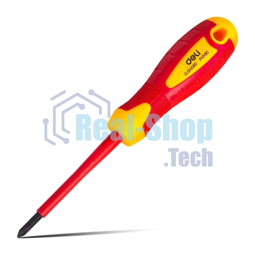 Диэлектрическая крестовая отвертка Deli DL514080 PH1х80 мм сталь Cr-V, сертификат VDE для работ под напряжением до 1000 В