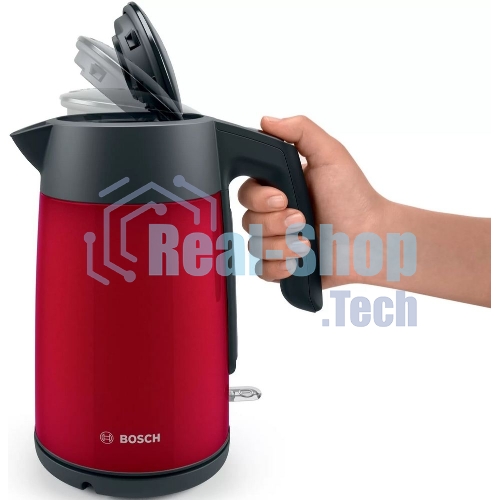 Чайник электрический Bosch TWK7L464 1.7 л, 2400 Вт., нерж.сталь, покрытая эмалью, красный, шкала уровня воды