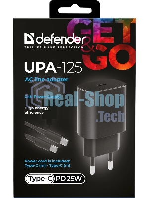Сетевое зарядное устройство Defender UPA-125 25W,USB C,кабель Type-C,черный