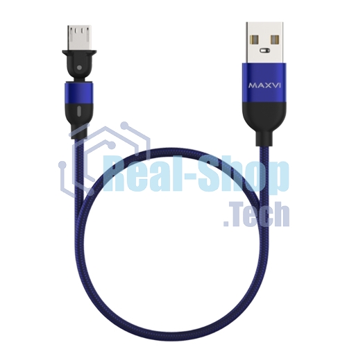 Кабель Maxvi MC-19M blue, USB-A - microUSB, 2.4A, LED ток макс. нагрузки 2.4А, макс. напряжение 5V; стандарт USB 2.0; длина кабеля 1.5м, нейлоновая оплетка, металлические корпуса разъемов, LED подсветка, цвет: синий