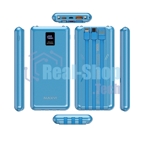 Портативный аккумулятор Maxvi PB10-11 10000 мАч blue 3A, встроенные кабели USB A/Type-C/Lightning