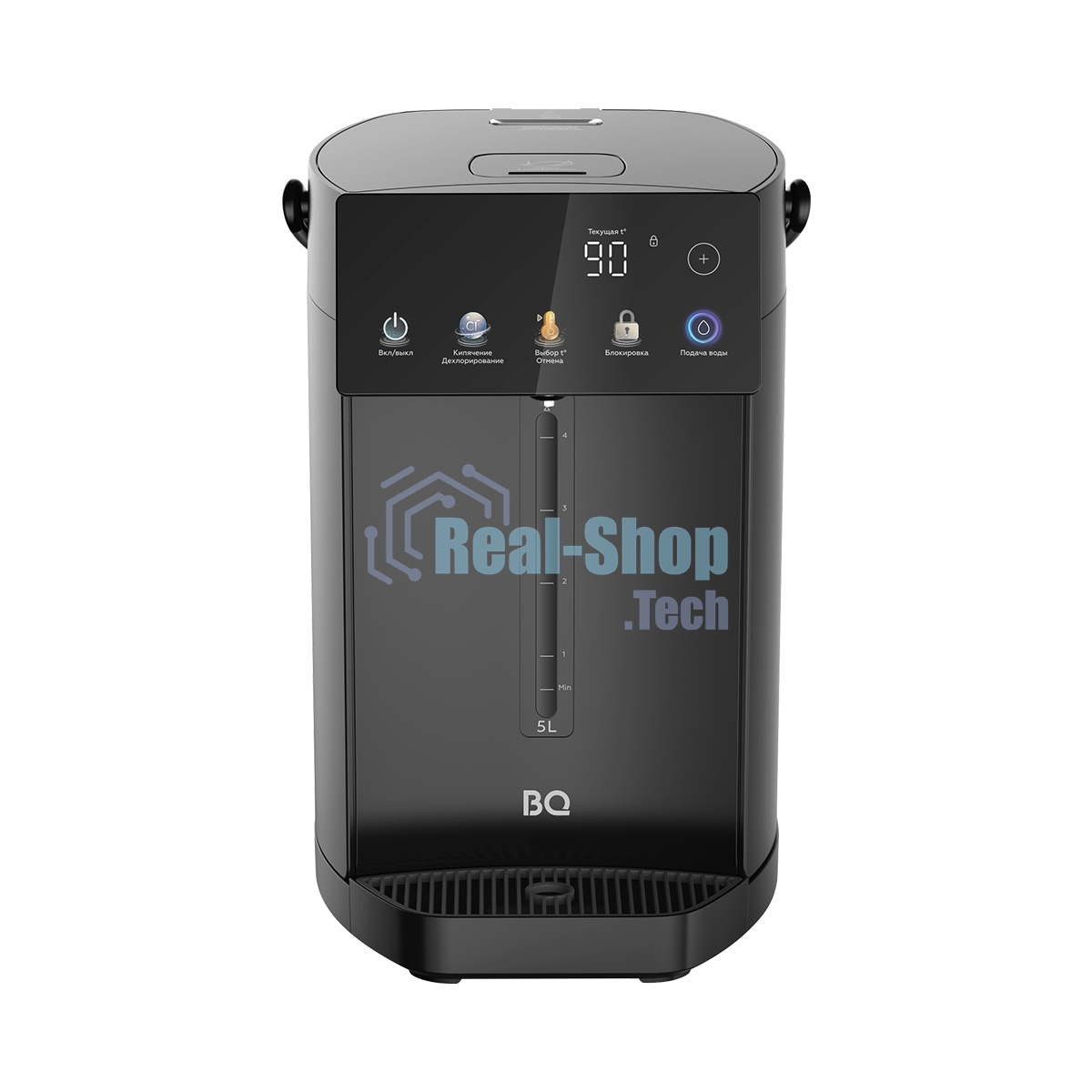 Термопот BQ TP5001 Black. Мощность 1600 Вт/Объем 5 л/Сенсорный LED-дисплей/Поддержание температуры/Функция дехлорирования/Регулировка темперы от 40 до 90 'C/Система защиты: от перегрева, от включения без воды, блокировка подачи воды/Внутренняя колба из нержавеющей стали AISI 304/Съемная крышка/Ручка для переноски/Электрическая помпа/Длина шнура 0.85 м