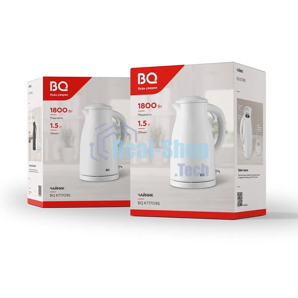 Электрочайник BQ KT1709S белый, 1.5 л, 1800 Вт, скрытый нагревательный элемент