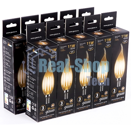 Лампа светодиодная филаментная Gauss Filament 11Вт цок.: E14 свеча 220B св. свеч. бел. теп. CF35 (упак.: 10 шт)