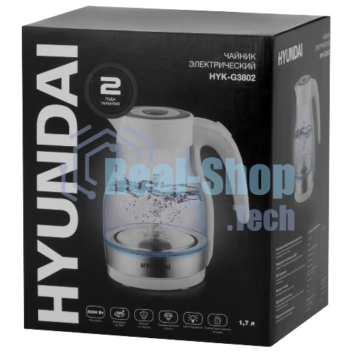 Чайник электрический Hyundai HYK-G3802 1.7 л, 2200 Вт, белый/серебристый (корпус: стекло)