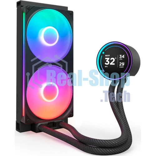Система жидкостного охлаждения для ПК/Water Cooling System NZXT Kraken Elite 280 RGb (250W, 280мм, LED temp., Black/Fans: 2x140мм, 98.61CFM, 34.5dBA, 2000RPM/Pump height 65мм, 2800RPM, Rad thickness 27мм/S: 1851, 1700, 1200, 115X, AM5, AM4)