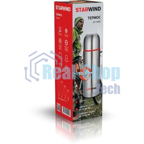 Термос Starwind 20-1000 1 л, серебристый/красный, картонная коробка