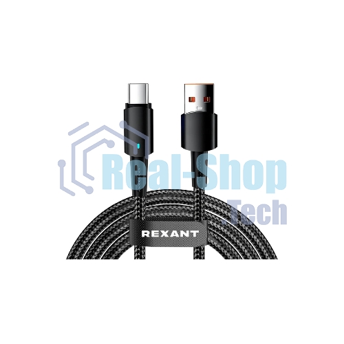 Кабель Rexant 18-7064 USB-A – Type-C, 6А, 66Вт, 1м, в черной нейлоновой оплетке, со световой индикацией