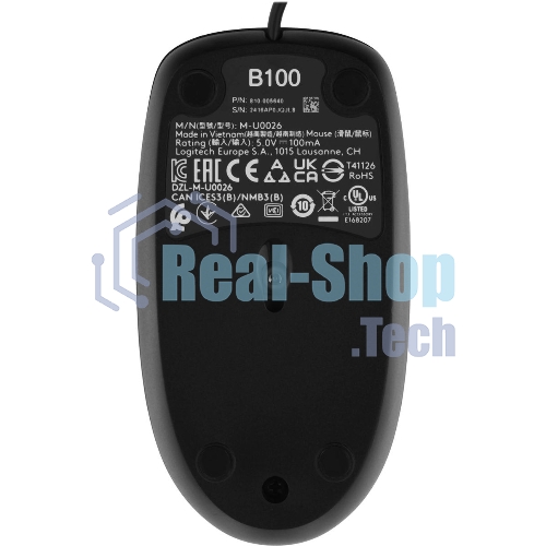 Мышь проводная Logitech B100 черный, 1000 dpi, USB, кнопки - 3