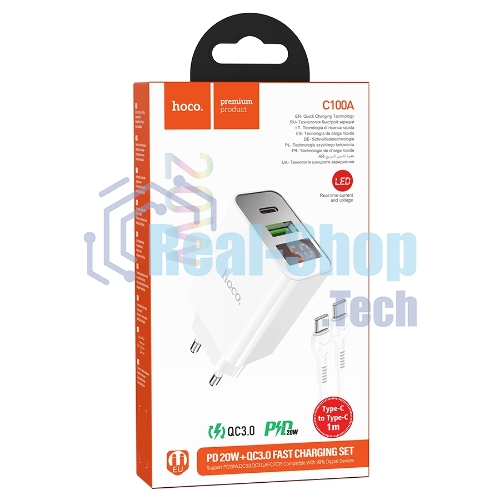 Сетевое зарядное устройство HOCO (6931474769824) C100Aaa 1USB+1Type-C 3.0A QC3.0 PD 20W, белый