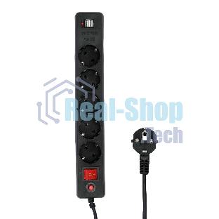 Сетевой фильтр Гарнизон 5 р, 10А, 2xUSB, 1.8 м, ур.защиты 4, черный, пакет